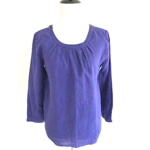 J Crew | Womens Tessa Top Size 0 Loose Blouse Linen 3/4 Sleeves Pleated Blue - Picture 1 of 9